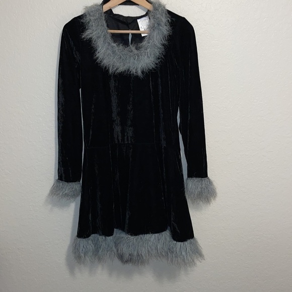 90s Black Cat Velvet Velour Quarter Sleeve Mini Dress Costume Plus Tail Size M/L - Picture 4 of 6